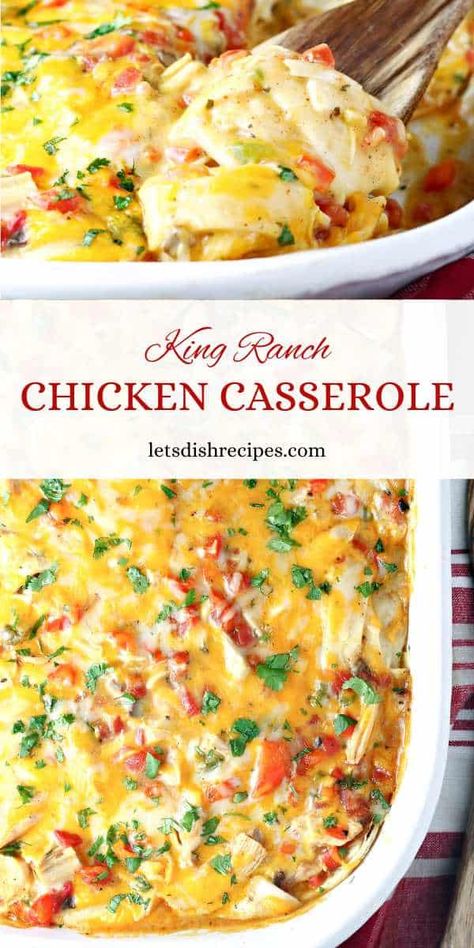 King Ranch Chicken Casserole | Let's Dish Recipes Pioneer Woman King Ranch Chicken Casserole, King Ranch Chicken Casserole With Chips, Chicken Salsa Casserole, Chicken Devine Casserole Easy Recipes, Church Lady Chicken Casserole, King Ranch Chicken Casserole Doritos, Kings Ranch Chicken Casserole, Rotel Chicken Casserole, Make Ahead Chicken Recipes