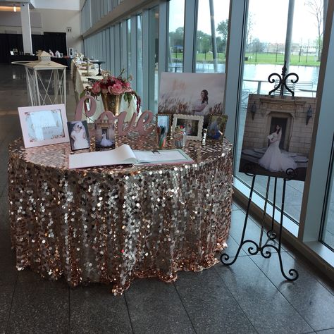 Sign in table setup at The Event Centre Quinceanera Sign In Table, Table Decor Quinceanera, Wedding Entrance Decor Table, Table Number Ideas Quinceanera, Quince Entry Table, Quinceanera Entry Table, Quinceanera Welcome Table, Wedding Card Box Table Set Up, Quince Gift Table