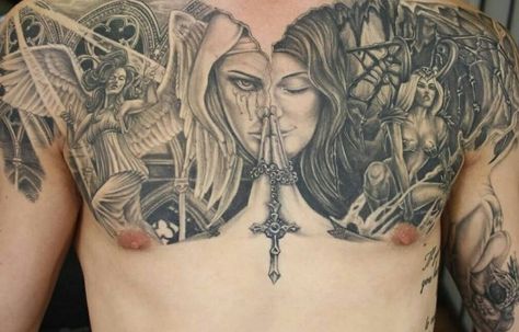 27 Cool Devil Tattoos Ideas For Men And Women #tattooideas #chesttattoos Good And Evil Chest Tattoo, Good Evil Tattoo Ideas, Evil And Good Tattoo, Good Evil Tattoo, Good And Evil Tattoo For Men, Evil Woman Tattoo, Good And Evil Tattoo, Evil Tattoo Designs, Good And Evil Tattoos