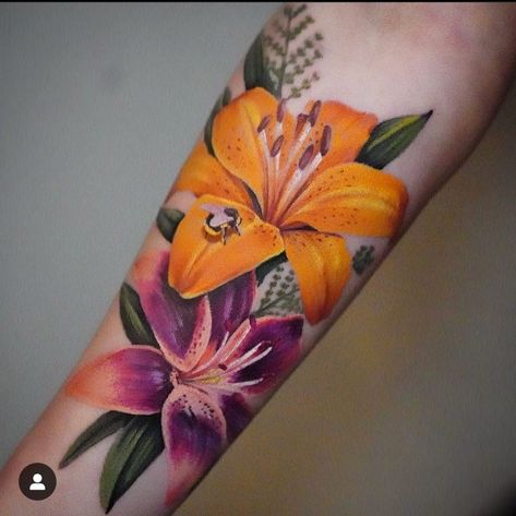 Tiger Lily Tattoo Color, Yellow Tulip Tattoo, Orange Lily Tattoo, Lilly Flower Tattoo, Joy Tattoo, Tiger Lily Tattoos, Lillies Tattoo, Stomach Tattoo, Tattoos Inspo