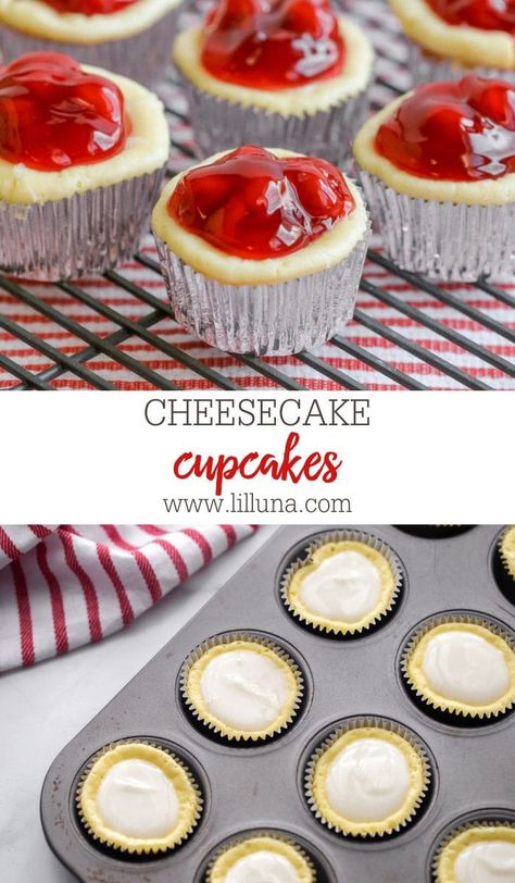 Cheesecake Cupcakes are a bite-sized cheesecake treat. Top with cherry pie filling, or any other topping you like! #cheesecakecupcakes #cheesecake #cherryrecipes #cupcakes #dessert Homemade Mini Cheesecake, Cupcake Pan Recipes, Perfect Cupcake Recipe, Cheesecake Cupcakes Recipe, Mini Cherry Cheesecakes, Homemade Cupcake Recipes, Cherry Cheesecake Recipe, Yummy Deserts, Sweet Bites