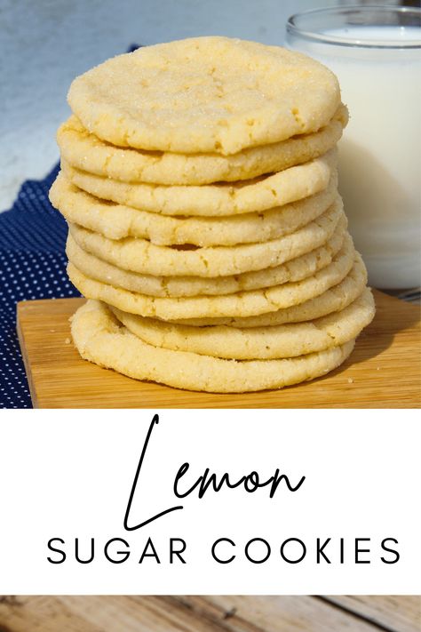 These Lemon Sugar Cookies are SO good! They are made with flour, butter, lemon juice, lemon extract, and several other delicious ingredients! Lemon Sugar Cookies Recipe, Lemon Sugar Cookies, Lemon Sugar, Lemon Extract, Lemon Cookies, Lemon Desserts, Food Dessert, Chewy Cookie, Sugar Cookies Recipe