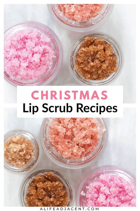 Christmas lip scrubs seen close up in small glass jars. Text overlay: Christmas lip scrub recipes. Christmas Lip Scrub, Making Sugar Scrub, Make Lip Scrub, Sugar Lip Scrub Diy, Scrub Recipe Diy, Diy Sugar Scrub Recipe, Diy Body Scrub Recipes, Lip Scrub Recipe, Winter Lips