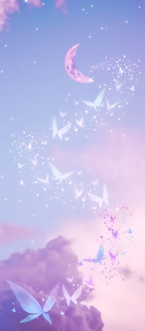 Kawaii Butterfly Wallpaper, Iphone Background Butterflies, Cute Pastel Phone Wallpaper, Paramochy Wallpaper, Paramochy Aesthetic, Butterfly Wallpaper Pastel, Paramochy Purple, Cute Aesthetic Kawaii Anime Wallpaper, Moon And Butterfly Wallpaper