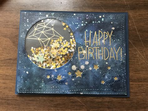 Birthday card. Shaker card. Galaxy. Star Birthday Cards Handmade, Space Themed Card Ideas, Space Themed Birthday Card, Galaxy Cards Ideas, Star Birthday Cards, Space Cards Ideas, Moon Birthday Card, Galaxy Scrapbook, Astronomy Crafts