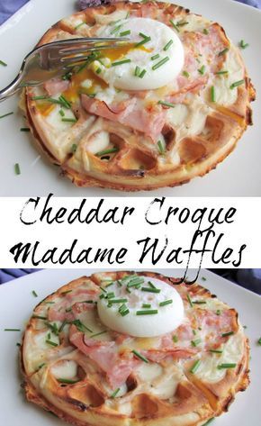 This is sure to become a brunch favorite. A ham and cheddar waffle is topped with a creamy Dijon bechamel. A bit more ham, cheese and a perfectly poached egg are perched on top for a fun brunch style twist on the classic French sandwich. Waffle Savory Recipe, Waffle Maker Breakfast Ideas, Waffles With Toppings, Ham And Cheese Waffles, Savory Waffle Sandwich, Savory Breakfast Waffles, Savory Waffle Iron Recipes, Savory Waffles Breakfast, Savory Waffle Toppings