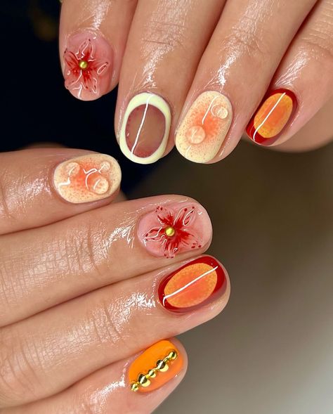 Patty Perez 🤍 | natural babies 🍊🌼 . . . Inspo from @addiisnails . @nailzkatkat polishes . #gelx #apres #watchmework #structuredmani #naturalnails #miami… | Instagram Natural Nails Gel Polish Designs, Short Fall Themed Nails, Fun Orange Nails, Cute Natural Nails, Orange Flower Nails, Nail Inspo Natural Nails, 3d Flowers Nails, Fun Nail Art Designs, Paint Nails