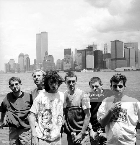 The Happy Mondays on the Staten Island Ferry, New York, 15th August 1987. Shaun Ryder and Bez are at centre, right, and centre respectively. In the background (left) is the World Trade Center. Shaun Ryder, Happy Mondays, Staten Island Ferry, Music Photographer, Black Grapes, Teddy Boys, Acid House, 80s Bands, British Invasion