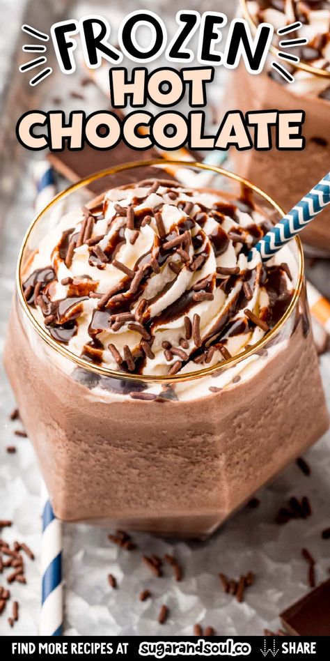 Frozen Hot Chocolate is loaded with the rich chocolaty flavor you love about hot cocoa but in frozen form making it the perfect Summer treat! This quickly comes together in just 5 minutes using only 5 ingredients! via @sugarandsoulco Frozen Hot Chocolate Recipe, Chocolate Frosty, Dessert Original, Homemade Hot Cocoa, Frozen Hot Chocolate, Chocolate Drink, Cocoa Recipes, Hot Chocolate Recipe, Chocolate Smoothie