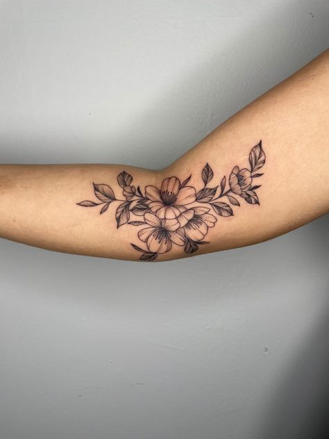 Flower Cover Up Tattoo Arm, Inner Arm Tattoos For Women Flowers, Floral Tattoo Aesthetic, Flower Tattoo Around Elbow, Flower Tattoos Inner Arm, Small Tattoo Inner Elbow, Lower Elbow Tattoo, Floral Elbow Wrap Tattoo, Elbow Scar Tattoo Cover Up