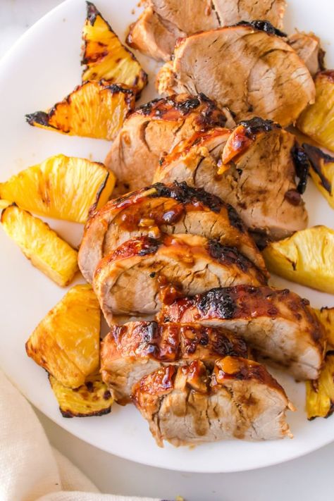 Pineapple Pork Tenderloin recipe from RecipeGirl.com #pineapple #pork #tenderloin #recipe #RecipeGirl Pork Roast With Pineapple, Pineapple Pork Tenderloin, Pork Tenderloin With Pineapple, Sweet Ginger Sauce, Pork Marsala, Best Pork Tenderloin Recipe, Mustard Pork Tenderloin, Pineapple Pork, Pork Tenderloin Recipe