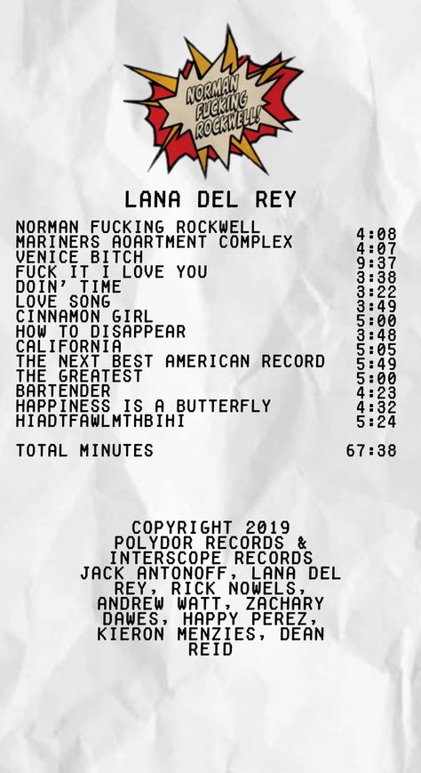 album receipt (Norman F**king Rockwell!) Album Receipts Lana Del Rey, Lana Del Rey Album Receipt, Receipt Lana Del Rey, Lana Del Rey Receipt, Albums Receipts, Reciepts Design Aesthetic, Music Reciepts, Music Album Receipts, Album Receipts Aesthetic