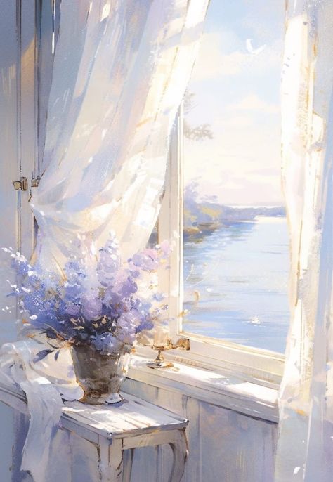 Ethereal Art, Dreamy Art, Pretty Wallpapers Backgrounds, Scenery Wallpaper, Anime Scenery, Window Sill, Pretty Art, Pretty Wallpapers, Painting Inspiration