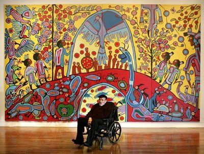 Renowned Canadian Aboriginal painter Norval Morrisseau, in front of  "ANDROGYNY" (1983). Morrisseau Art, Norval Morrisseau, Art Gallery Of Ontario, Canadian Art, Big Art, Indigenous Art, About Art, Canadian Artists, Native Art