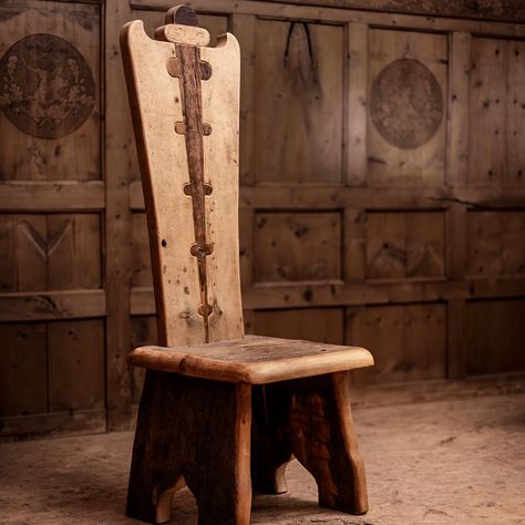 Viking Throne Chair Falegnameria Helmut Santifaller | Artemest Interesting Furniture Creative, Slavic Home Decor, Viking Furniture Diy, Skyrim Furniture, Viking Bench, Viking Inspired Home, Viking Interior Design, Viking House Interiors, Viking Desk