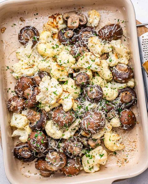 Garlicy Roasted Cauliflower + Mushrooms Roasted Cauliflower And Mushrooms, Creamy Zucchini Soup, Clean Food Crush Recipes, Mustard Pork Tenderloin, Cauliflower Mushroom, Vegetable Side Dishes Healthy, Mushroom Recipes Healthy, Whole Roasted Cauliflower, Clean Eating Challenge