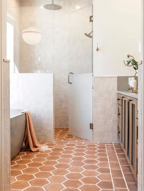 Hacienda Primary Bathroom Design Plan - Jenna Sue Design Terracotta Bathroom, Basement Bathroom Remodeling, Contemporary Shower, Basement Bathroom, Bathroom Renos, Barndominium, Terra Cotta, Cheap Home Decor, Interior Design Trends