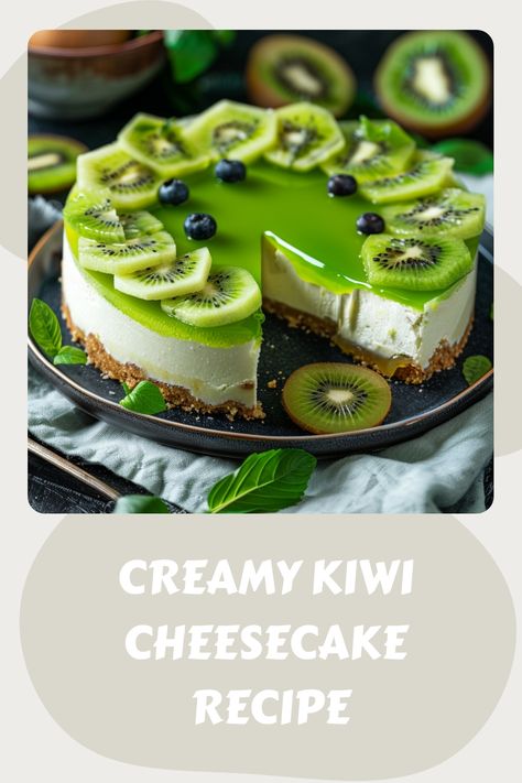 Indulge in a delightful treat with this creamy kiwi cheesecake recipe. The smooth texture of the cheesecake perfectly complements the tangy sweetness of fresh kiwis, creating a mouthwatering combination. Whether you're hosting a gathering or simply treating yourself, this dessert is sure to impress. Follow the easy steps to whip up this decadent treat and enjoy a taste of summer in every bite. Kiwi Cheesecake, Tropical Cheesecake, Kiwi Dessert Recipes, No Bake Key Lime Cheesecake Recipes, Kiwi Cheesecake Recipes, Pineapple Coconut Cheesecake Recipe, Kiwi Recipes Dessert, Strawberry Kiwi Dessert Recipes, Kiwi Dessert