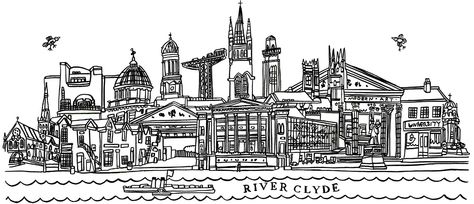 Glasgow skyline - drawing web Scotland Illustration, Glasgow Skyline, Edinburgh Skyline, Skyline Drawing, Cityscape Drawing, Word Map, Glasgow Scotland, Place Names, Map Design