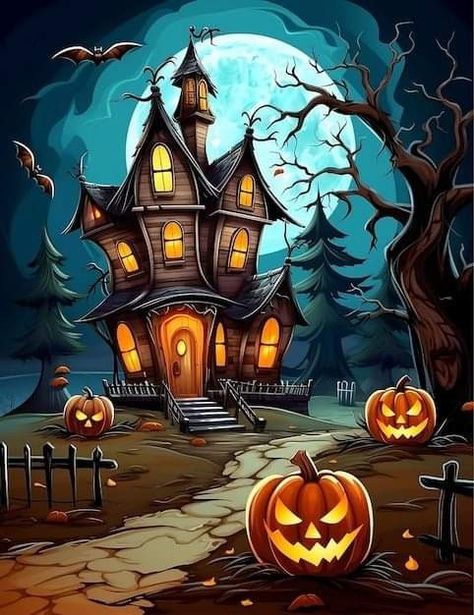 Procreate Halloween Drawing, Halloween Scene Drawing, Happy Halloween Drawings, Halloween Pics Aesthetic, Halloween House Drawing, Minion Aesthetic, Halloween Edits, Village Drawing, Cat Dolls