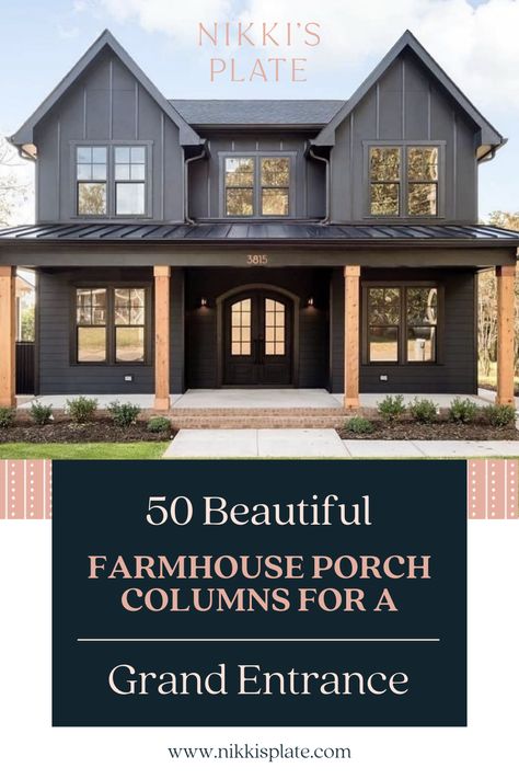 Posts In Front Of House, Charcoal Front Porch, Post Covers Porch, Dark Columns On Front Porch, Exterior Posts Front Porches, Back Porch Columns, Farmhouse Posts Front Porches, Wood Porch Pillars, Modern Pillars On Front Porch