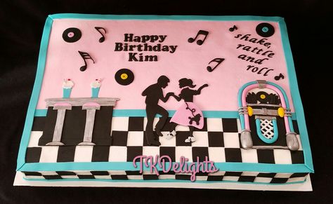 50's themed sheet cake 50s Cake Theme, 50s Cake Ideas, 50s Themed Cake, 50s Birthday Cake, Grease Cake, 1950s Cake, Diner Cake, 50s Cake, Grooms Ideas