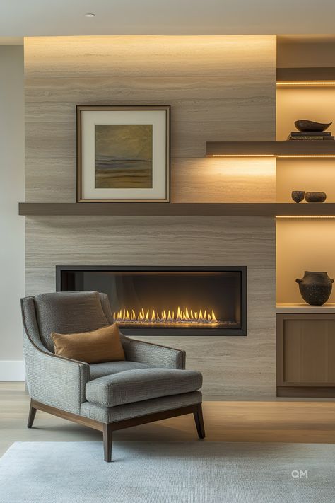 Built-In Around Fireplace: Elegant Solutions for Your Living Space - Quiet Minimal Modern Fireplace With Floating Shelves, Long Wall Fireplace Ideas, Fireplace Contemporary Design, Bumped Out Fireplace, Small Modern Fireplace, Textured Fireplace Wall, Square Electric Fireplace, Asymmetric Fireplace, Sheetrock Fireplace