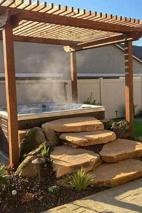 Hot Tub Pergola, Backyard Spa, Hot Tub Landscaping, Hot Tub Patio, Outdoor Hot Tub, Hot Tub Gazebo, Hot Tub Backyard, Stone Steps, Hot Tub Garden