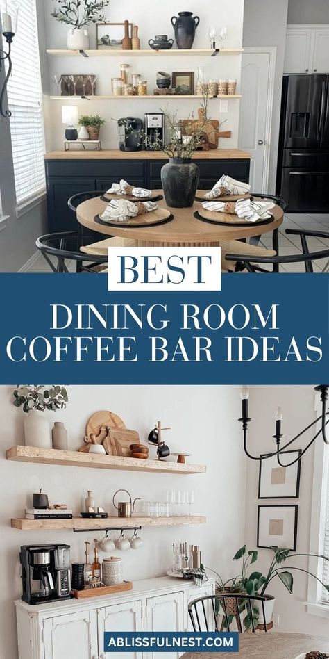 Embrace the trend of dining room coffee bar ideas and create a functional and inviting space for your morning routine or after-dinner drinks. Fill it with your favorite coffee essentials, stylish mugs, and delicious treats for a personalized touch. Get inspired to create a unique and inviting gathering spot in your dining room. #diningroomdecor #coffeebar #homedecor Coffee Corner In Dining Room, Dining Room Coffee Bar Ideas, Coffee Bar In Dining Room Ideas, Dining Room With Coffee Bar, Coffee Bar In Dining Room, Dining Room Conversion Ideas, Breakfast Area Decor, Coffee Bar Dining Room, Dining Room Coffee Bar