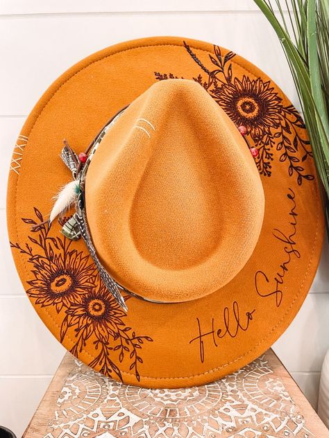 Leave Her Wild Floral Burned Hat, Floral Engraved Cowboy Hat, Sunflower Hat, Sunflower Burned Fedora, Engraved Felt Hat, Boho Hat - Etsy Hand Burned Hats, Wood Burned Hats, Pyrography Hats, Felt Hat Burning Designs, Hat Burning Ideas, Diy Leather Hat, Burning Hats, Burnt Hat, Womens Western Hats