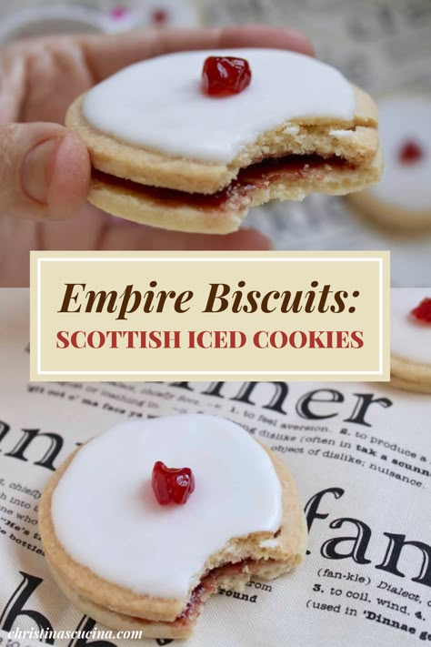 Scottish Biscuit Recipes, Empire Cookies Recipe, Scottish Cookies Christmas, Empire Biscuits Scottish, British Tea Biscuits, Scottish Baking Recipes, Scottish Recipes Dessert, Scottish Dessert Recipes, Shortbread Sandwich Cookies