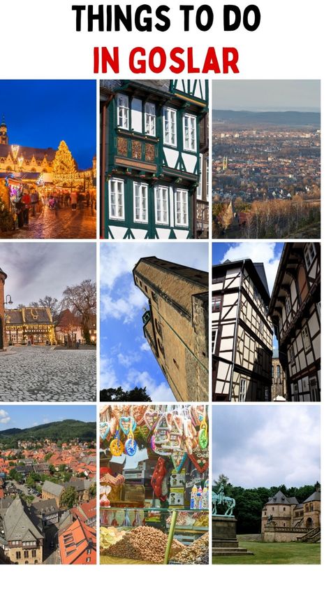 Collage of attractions in Goslar, including historical buildings, cityscapes, and a vibrant market. Goslar Germany, Medieval Germany, German Town, Germany Vacation, Mountain Travel, Medieval Town, This City, Unesco World Heritage Site, Unesco World Heritage