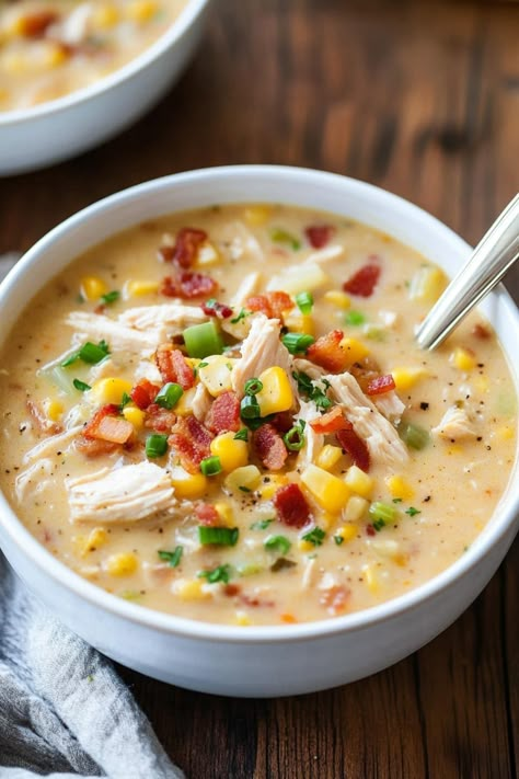 Chicken and Corn Chowder - Insanely Good Creamy Chicken Corn Chowder, Chicken And Corn Chowder, Chicken Corn Chowder Recipe, Flour Chicken, Bacon Butter, Chicken And Corn, Mayo Salad, Chicken Corn Chowder, Boiled Chicken Breast