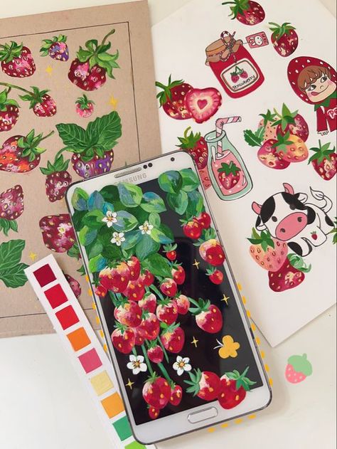 Watercolor Strawberries, Posca Art, Art Journal Therapy, Gouache Art, Art Folder, Art Diary, Aesthetic Painting, Sketchbook Inspiration, Marker Art