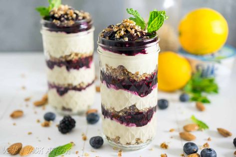 Lemon Berry Cheezecake Parfait Dairy Free Parfait, Vegan Parfait, Lemon Berry Cheesecake, Breakfast Parfait Recipes, Plant Based Dessert Recipes, Desserts Summer, Parfait Breakfast, Parfait Recipes, Berry Cheesecake