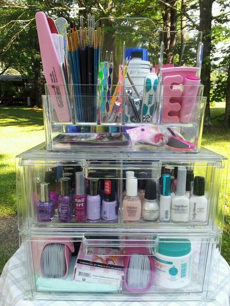 How I store my nail polishes and all things related. Nail Products Organization, Nail Kit Organization, Organize Nail Supplies, Nail Supply Organization Ideas, Apartment Vanity, Nail Supplies Organization, Nail Polish Organization, Glamour Gals, Nail Storage