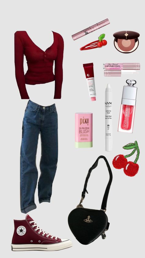 Cherry Core Outfits, Cherry Cola Aesthetic Outfits, Cherry Girl Aesthetic Outfit, Cherry Skincare, Girls Jeans Outfit, Cherry Lady, Burgundy Aesthetic, Year Aesthetic, Cherry Girl