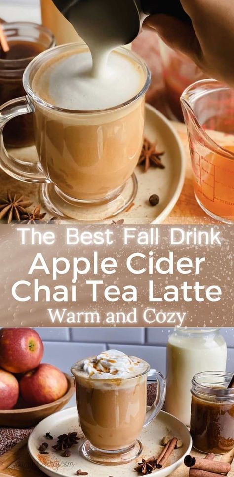 cups of apple cider chai tea latte surrounded by warming spices and apples. Hot Apple Drink, Hot Tea Drinks Recipes, Chai Apple Cider, Apple Cider Chai Latte, Chai Tea Spice Blend, Apple Pie Chai Latte, Apple Cider Latte, Chi Latte Recipe Homemade, Chai Tea Latte Mix Recipe