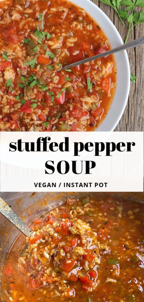 Vegan Stuffed Pepper Soup, Instant Pot Stuffed Pepper Soup, Stuffed Pepper Soup Recipe, Green Pepper Soup, Lentil Potato Soup, Green Pepper Recipes, Vegan Potato Leek Soup, Pepper Stuffed, Pepper Soup Recipe