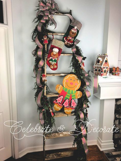 Unique Christmas Decoration - Celebrate & Decorate Decorate A Ladder For Christmas, Santa Ladder Decoration, Gingerbread Diy Crafts, Christmas Ladder, Cookies And Candy, Xmas Tree Decor, Christmas Booth, Slim Christmas Tree, Old Ladder