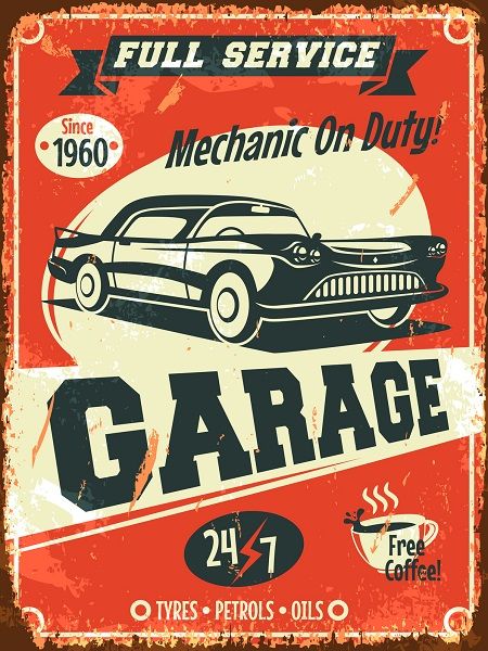 A Vintage Advertising Poster Vintage Car Garage, Arte Jazz, Retro Auto, Vintage Logos, Retro Sign, Vintage Tin Signs, Car Service, Classic Cars Vintage, Vintage Metal Signs