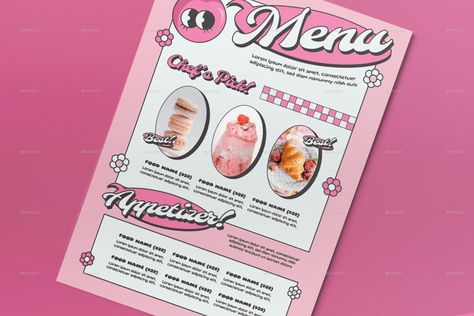 Pink Retro Spring Food Menu Diner Graphic Design, Pink Menu Design, Pink Infographic, Bakery Menu Ideas, Food Pamphlet, Retro Menu Design, Creative Menu Design, Retro Design Graphic, Pink Restaurant