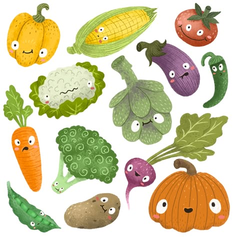 Cute Fruit And Vegetables Illustration, Vegetables Character Design, Cartoon Vegetables Illustration, Cartoon Veggies Drawing, Fruit And Vegetable Illustration, Cute Vegetables, Draw Vegetables, Veggies Drawing, Vegetable Character