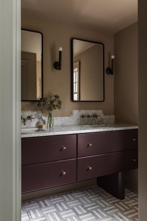 Lake Harriet Historic — Yond Interiors Yond Interiors, Burgundy Bathroom, Vintage Style Bathroom, Powder Room Sink, Wooden Bathroom, Guest Bathrooms, Architect House, Guest Bathroom, Residential Design