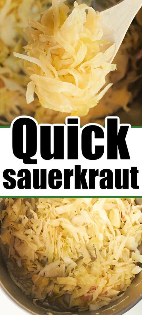 This quick sauerkraut recipe can be made in 30 minutes and taste like it had been marinating for days. Killer overnight sauerkraut recipe. Canned Sauerkraut Recipes, German Sauerkraut Recipes, Homemade Sourkraut, Sourkrout Recipes, Quick Sauerkraut, Canning Sauerkraut, German Sauerkraut Recipe, Easy Sauerkraut Recipe, Sauerkraut Recipe