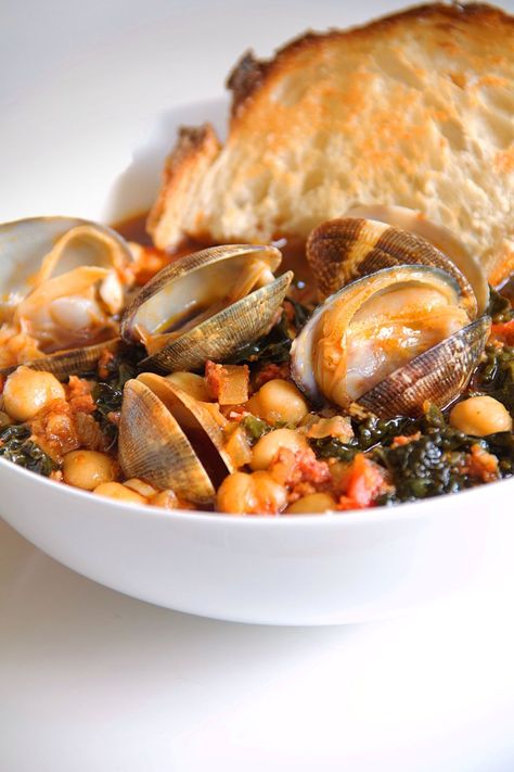 Chorizo and Clams with Kale and Soffritto Kale Recipe, Mexican Pork, Rustic Bread, Kale Recipes, Lemon Wedge, Canned Chickpeas, Chicken Stock, Soups Stews, Fish Recipes