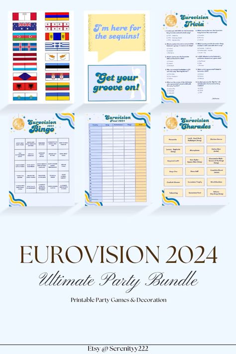 Enjoy Eurovision 2024 to the Fullest: Printable Party Games 🎉🪩✨ Eurovision Bingo 2024, Eurovision Party Decorations, Eurovision Party Ideas, Eurovision Bingo, Eurovision Party Games, Eurovision Party Food, 2024 Eurovision, Eurovision Party, Printable Party Games