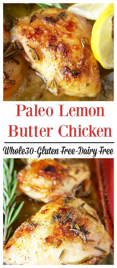 Paleo Lemon Butter Chicken- A delicious Whole30 meal. Fresh rosemary, ghee, coconut cream, and lemon make the most delicious sauce ever!! Wholesome Breakfast, Paleo Menu, Lemon Butter Chicken, Paleo Cookbook, Paleo Meals, Diner Recept, Meals Recipes, Paleo Diet Recipes, Paleo Chicken