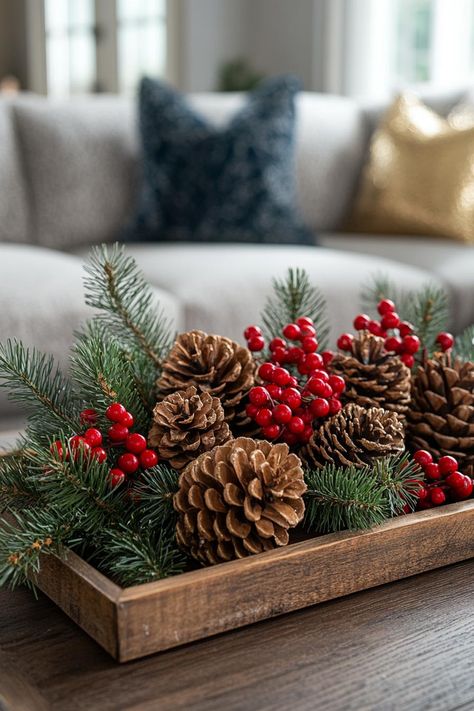 Christmas Furniture Ideas, Decor For Tables In Living Room, Christmas Decoration Living Room Ideas, Christmas Deco Living Room, Christmas Ideas For Coffee Table, Christmas Simple Table Decor, Simple Christmas Decorations Ideas, Easy Diy Christmas Table Decor, House Decorating Ideas For Christmas