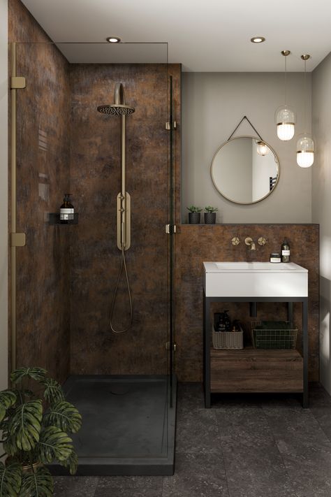 The latest Designed by Linda mood board, Industrial Luxe, has been brought to life. Linda has matched the bold wall panel Corten Elements from her collection with the softer Clay panel from our Neutrals Collection for a gorgeous look that’s low maintenance. Head over to our website to get your free samples and use our Bathroom Planner to start designing the bathroom of your dreams #copperbathroom #bathroommoodboard #copper #copperbathroomideas Linda Barker, Stone Paint, Bathroom Planner, Copper Tiles, Copper Bathroom, Bathroom Wall Panels, Latest Bathroom, Bad Inspiration, Bathroom Shower Tile